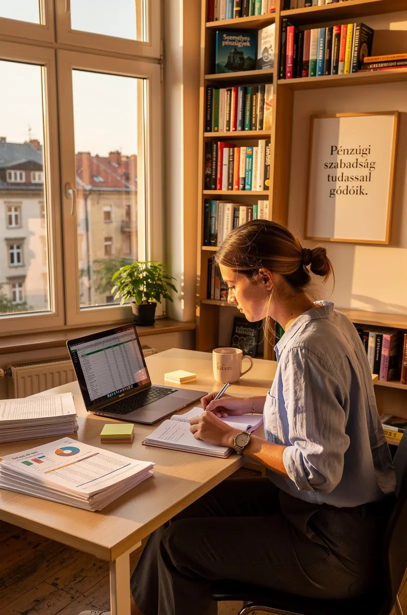 Fiatal felnőtt személy számológéppel és költségvetési táblázattal, amely során megtanulja a pénzügyi alapokat és a takarékosságot.
